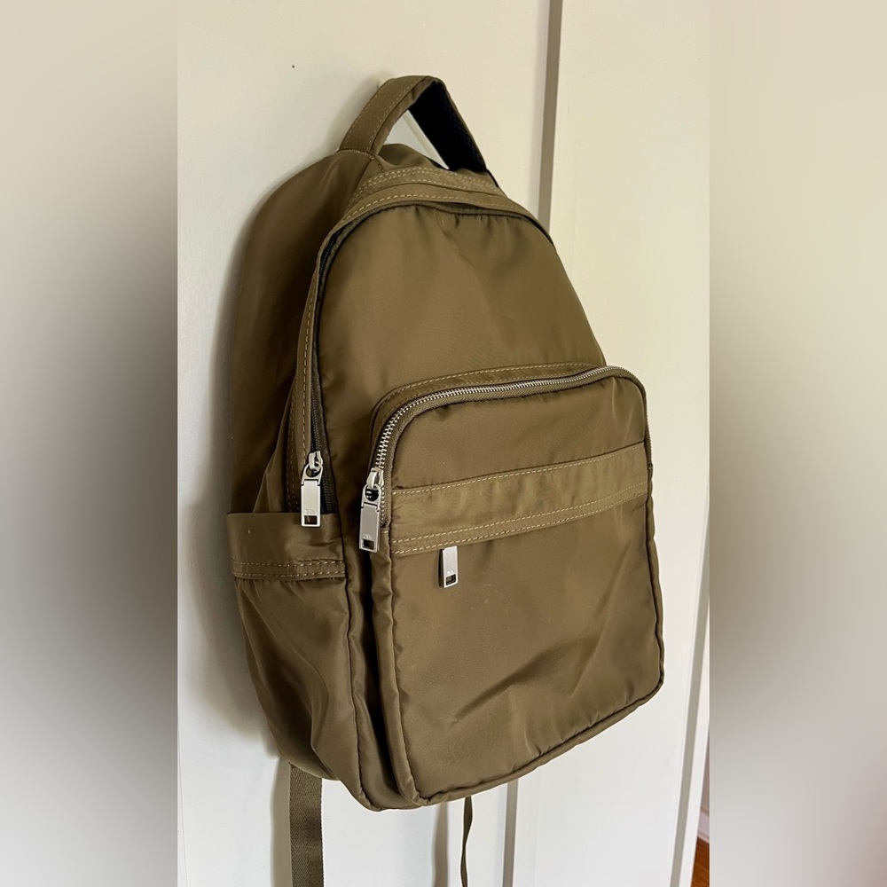 Zara olive green nylon laptop commuter backpack EUC